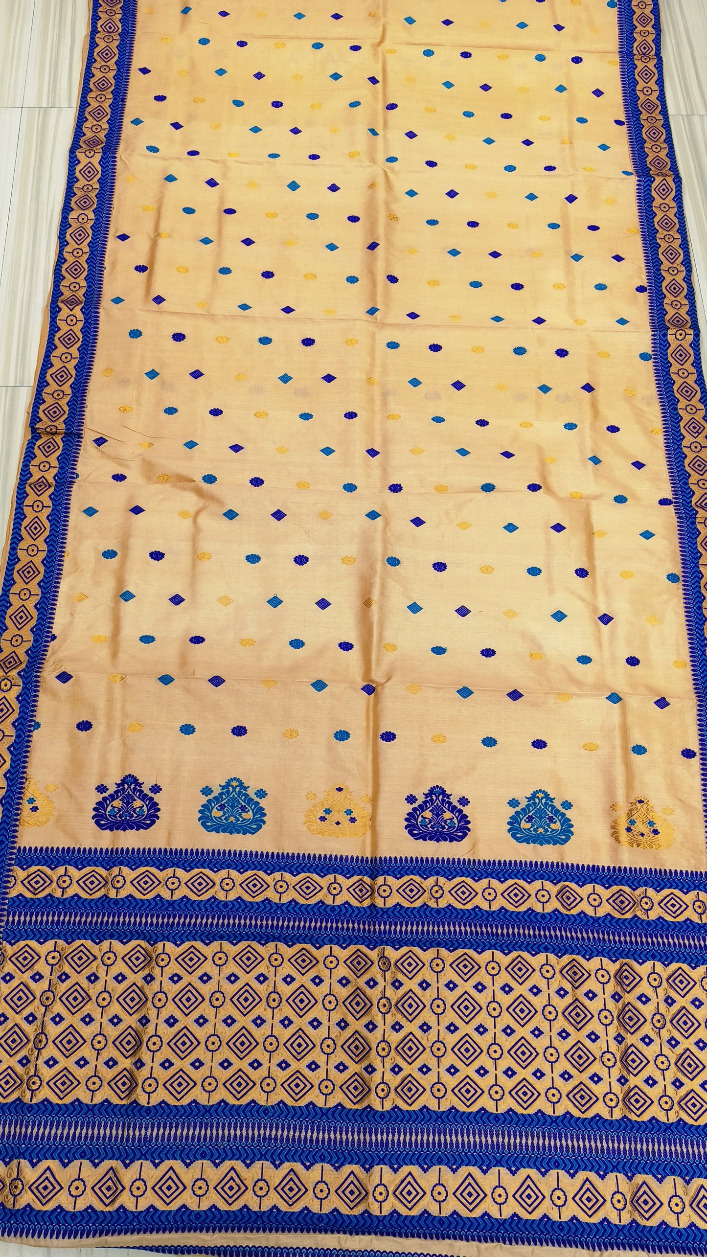 Pure Tussar By Tussar Silk Zari & Thread Work assam Silk saree  With Blue Colour Motifs