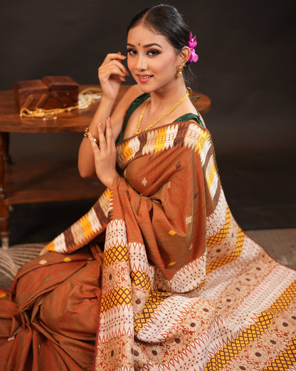 Brown Pure Eri By Eri Silk With Muga Ghisa Thread Work Interwoven Assam Silk Saree