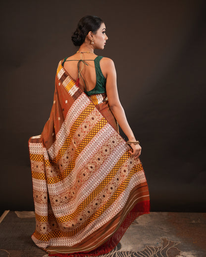 Brown Pure Eri By Eri Silk With Muga Ghisa Thread Work Interwoven Assam Silk Saree