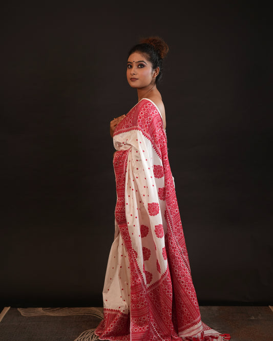 White Pure Mulberry Silk Big Border Thread Work Assam Silk Saree