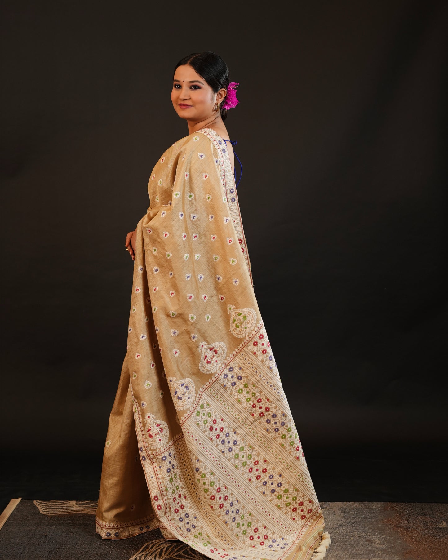 Pure Muga Silk With Eri Motifs Thread Work Assam Silk Saree
