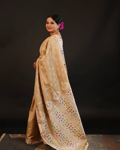 Pure Muga Silk With Eri Motifs Thread Work Assam Silk Saree
