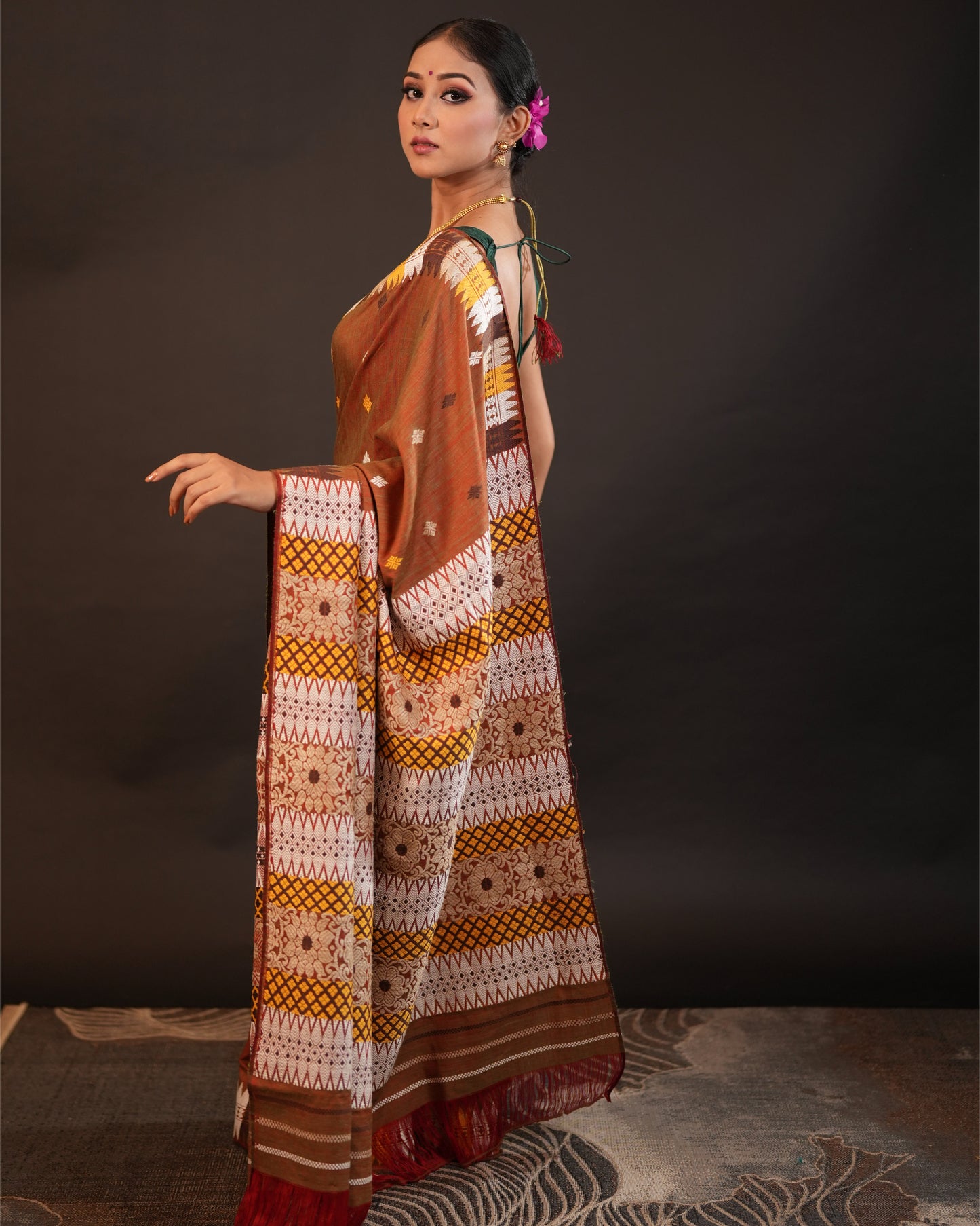 Brown Pure Eri By Eri Silk With Muga Ghisa Thread Work Interwoven Assam Silk Saree