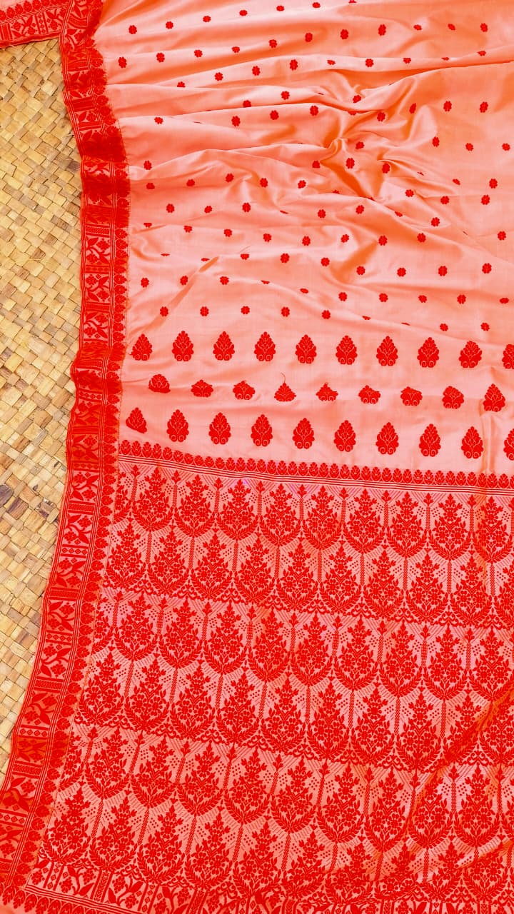 Coral Pure Mulberry Silk Thread Work Assam Silk Saree