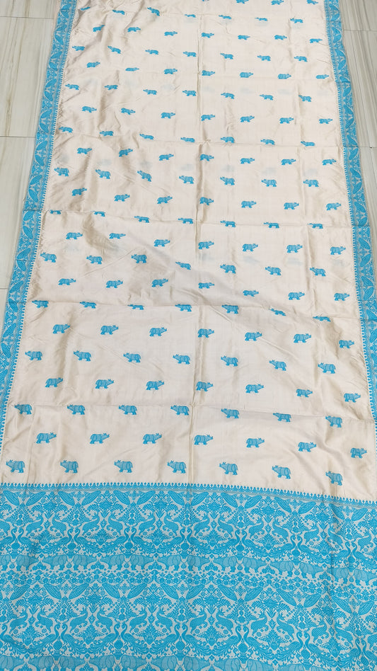 Pure Tussar By Mulberry (Tospaat) Silk Threadwork Kaziranga Assam Silk Saree with Sky Blue Motifs