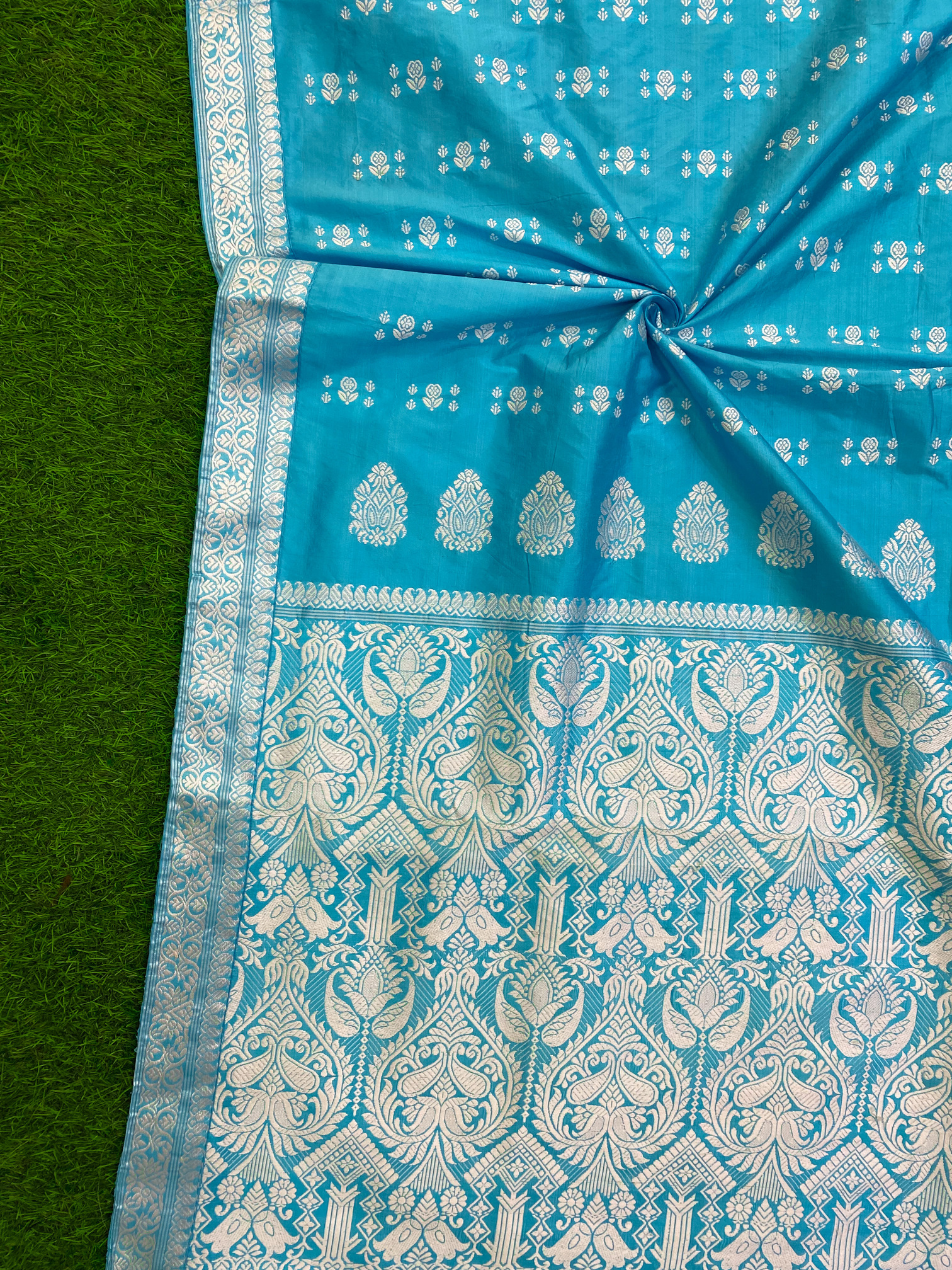 Sky Blue Pure Paat Mulberry Assam-Silk-Saree with White Thread Work – MS100