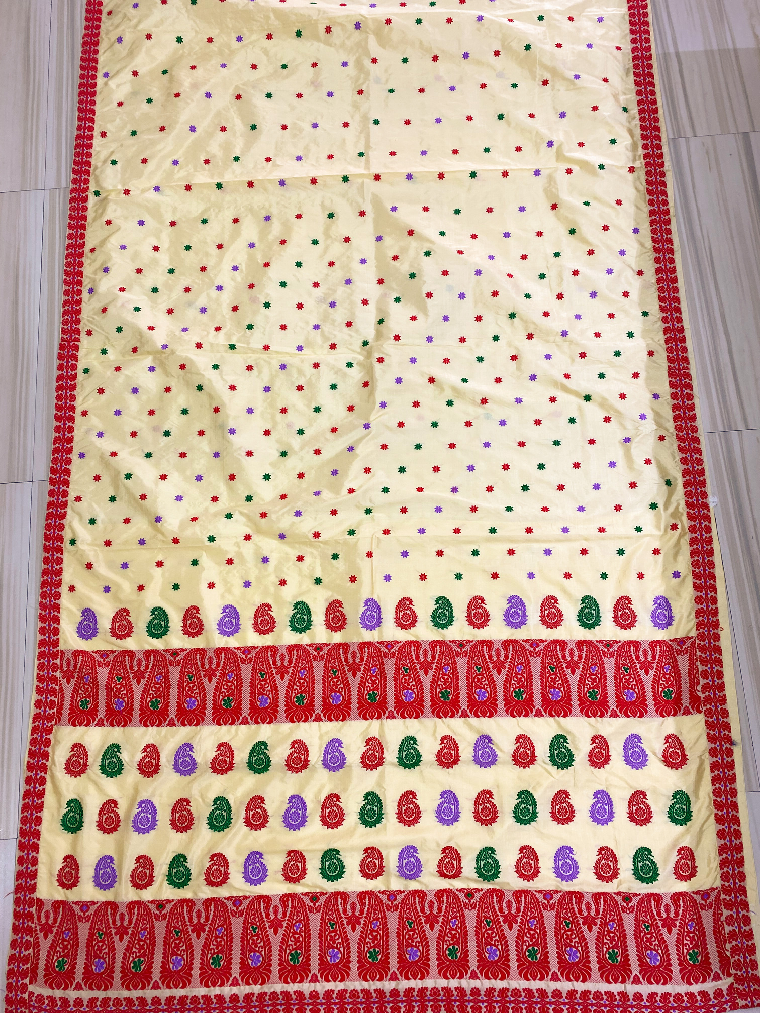Beige Pure Paat Assam-Silk-Saree with Multicolour Motifs – MS124