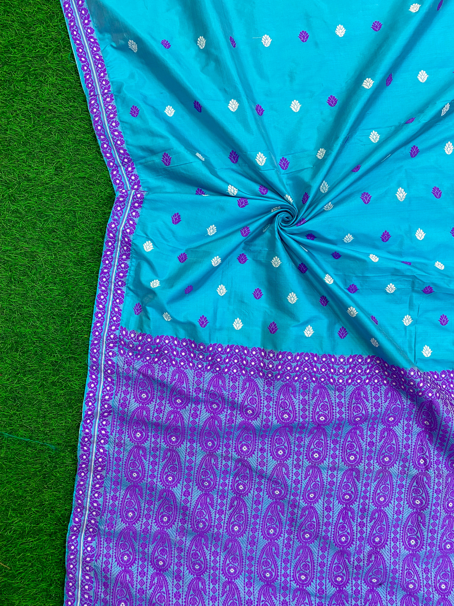 Blue Pure Paat Mulberry Assam Silk Saree with Pink and White Motifs