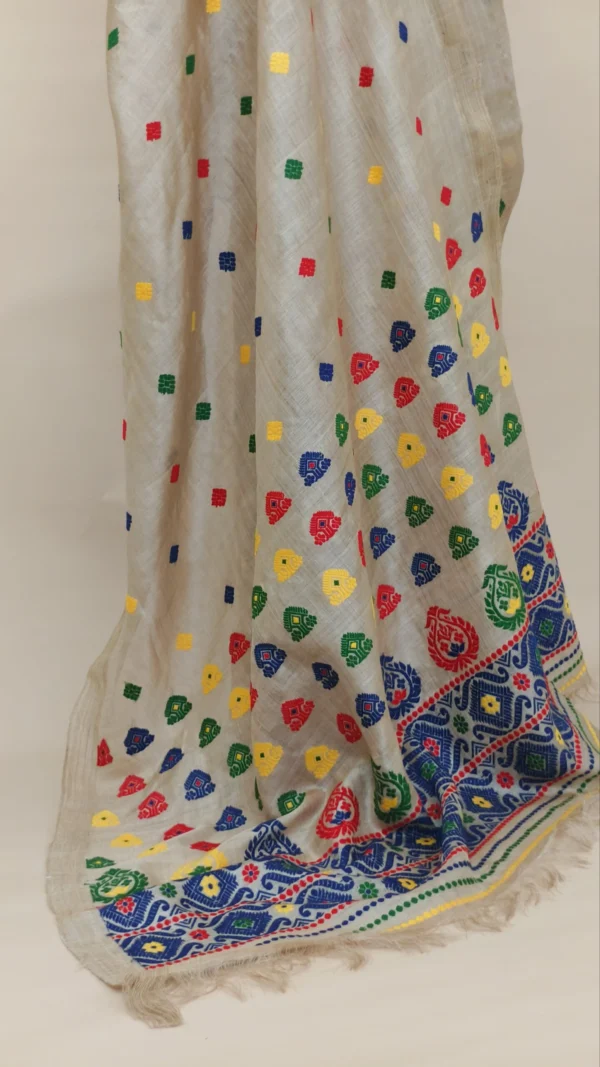 Pure Muga Assam Silk Sraee With Multicoloured Motifs - Image 4