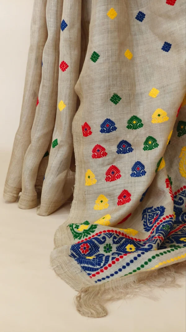 Pure Muga Assam Silk Sraee With Multicoloured Motifs - Image 5