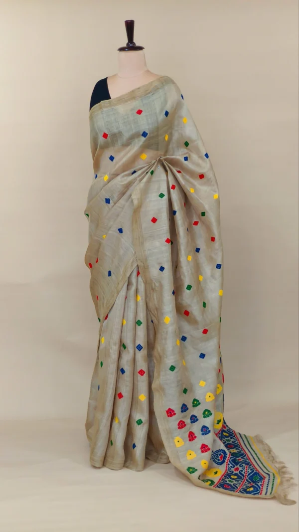 Pure Muga Assam Silk Sraee With Multicoloured Motifs