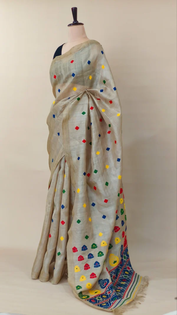 Pure Muga Assam Silk Sraee With Multicoloured Motifs - Image 2