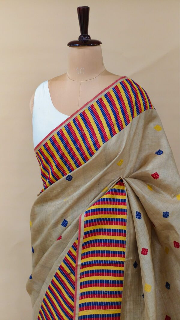 Pure Muga Assam Silk Sraee With Multicoloured Motifs - Image 3