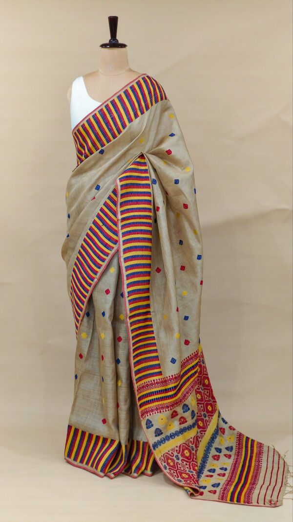 Pure Muga Assam Silk Sraee With Multicoloured Motifs - Image 2