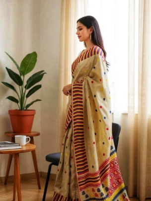 Pure Muga Assam Silk Sraee With Multicoloured Motifs