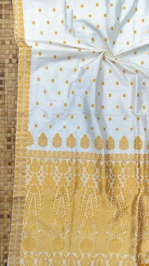 Exclusive Mulberry Assam Silk Saree – White with Golden Zari Motifs | MayuriSilk