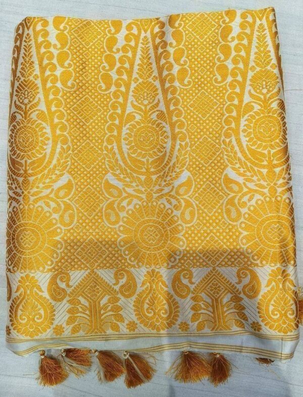 Exclusive Mulberry Assam Silk Saree – White with Golden Zari Motifs | MayuriSilk - Image 2