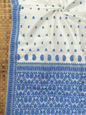 Exclusive Mulberry (paat) Assam Silk Saree - White with Blue Motif | Mayurisilk