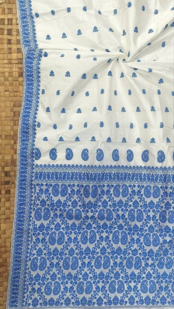 Exclusive Mulberry (paat) Assam Silk Saree - White with Blue Motif | Mayurisilk