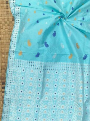 Exclusive Mulberry (paat) Assam Silk Saree - Sky Blue with white Motifs | Mayurisilk