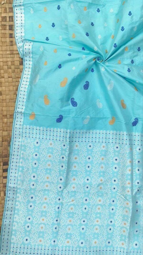 Exclusive Mulberry (paat) Assam Silk Saree - Sky Blue with white Motifs | Mayurisilk