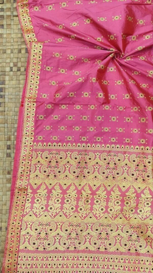Exclusive Mulberry (paat) Assam Silk Saree - Pink with Golden Motifs | Mayurisilk
