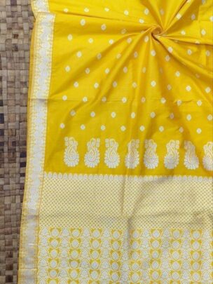 Exclusive Mulberry (paat) Assam Silk Saree - Yellow with white Motifs | Mayurisilk