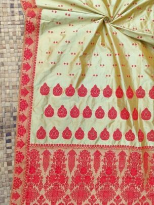 Exclusive Mulberry (paat) Assam Silk Saree - Beige with Red Motifs | Mayurisilk