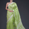 Parrot Green Tussar Mulberry (Paat) Silk Saree With White Thread Work
