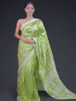 Parrot Green Tussar Mulberry (Paat) Silk Saree With White Thread Work