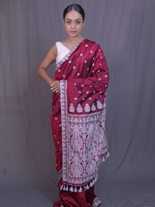 Maroon Mulberry (Paat) Silk Saree With White Motifs