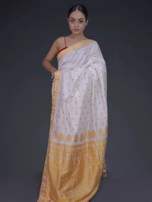 White Mulberry (Paat) Silk Saree With Golden Thread Work