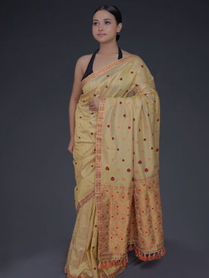 Mulberry (Paat) Silk Saree With Red Motifs and Golden Zari
