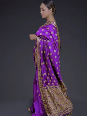 Purple Mulberry (Paat) Silk Saree Golden Thread Work With Mina Motifs