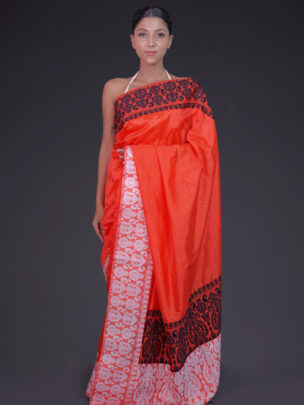Big Border Plain Red Orange Mulberry (Paat) Saree With Black and White Motifs