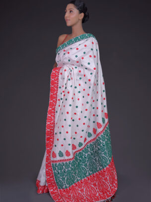 White Mulberry (Paat) Silk Saree with Green and Red Borders