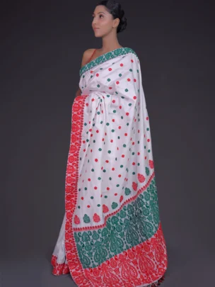 White Mulberry (Paat) Silk Saree with Green and Red Borders