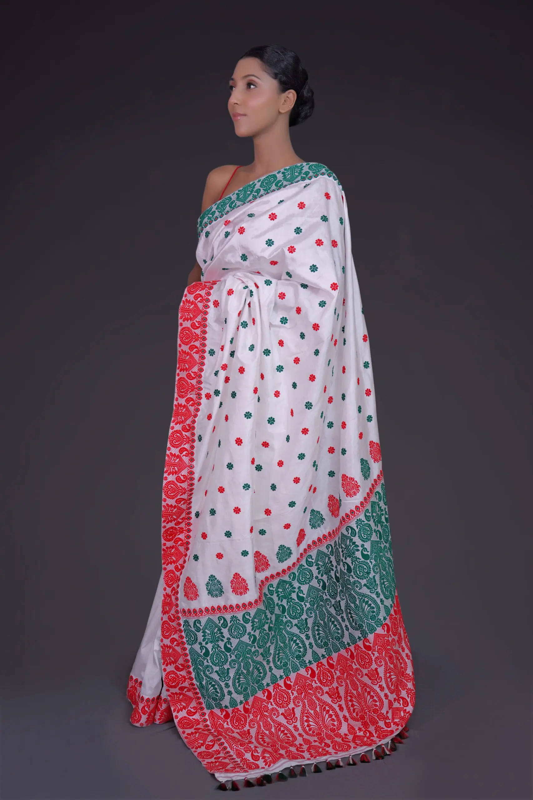 White Mulberry (Paat) Silk Saree with Green and Red Borders
