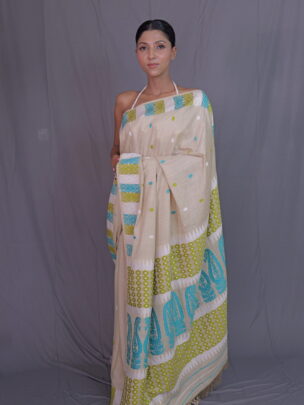 Beige Eri Silk Sraee With Interwoven Border