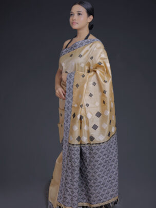 Tussar Silk Saree with Black and White Motifs
