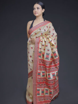 Traditional Tussar Silk Saree With Red and Black Boota