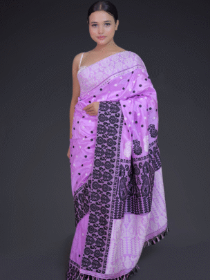 Big Border Lavender Colour Mulberry (Paat) Saree With Black and White Motifs