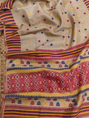 Pure Muga Assam Silk Sraee With Multicoloured Motifs