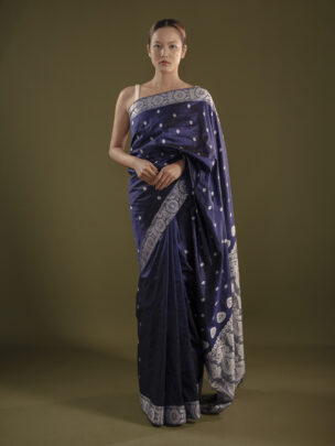 Navy Blue Assam Silk Saree With White Motifs