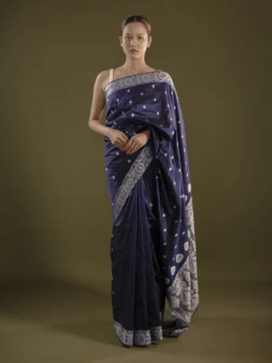 Navy Blue Assam Silk Saree With White Motifs