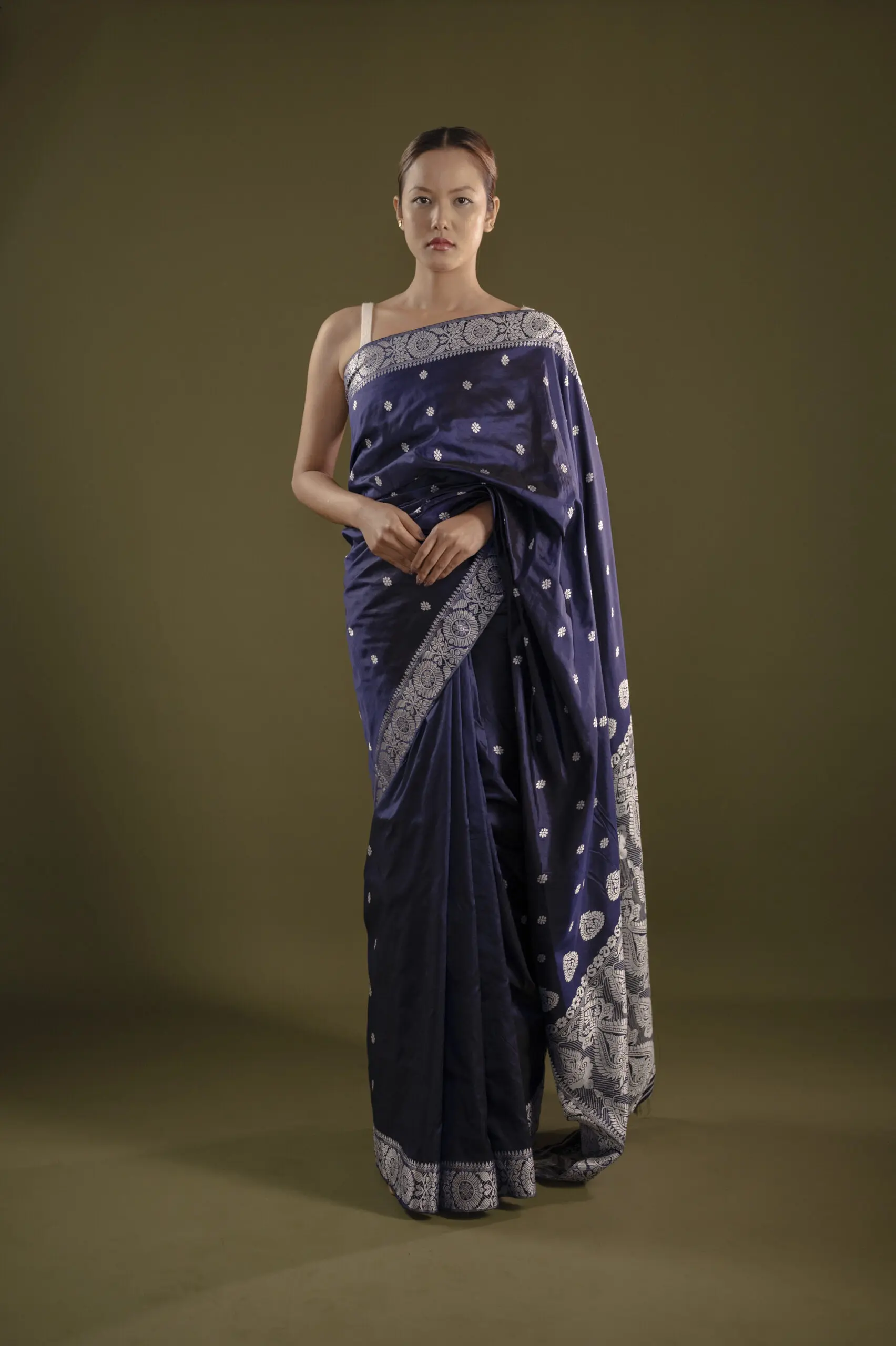 Navy Blue Assam Silk Saree With White Motifs