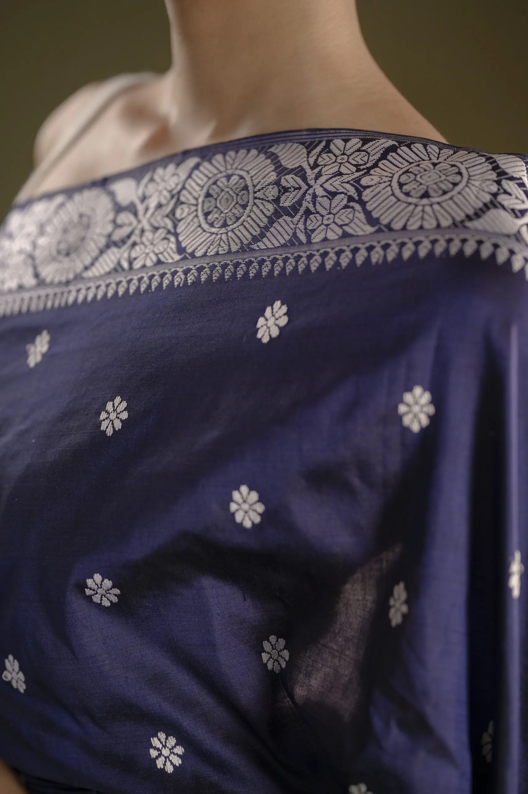 Navy Blue Assam Silk Saree With White Motifs - Image 2