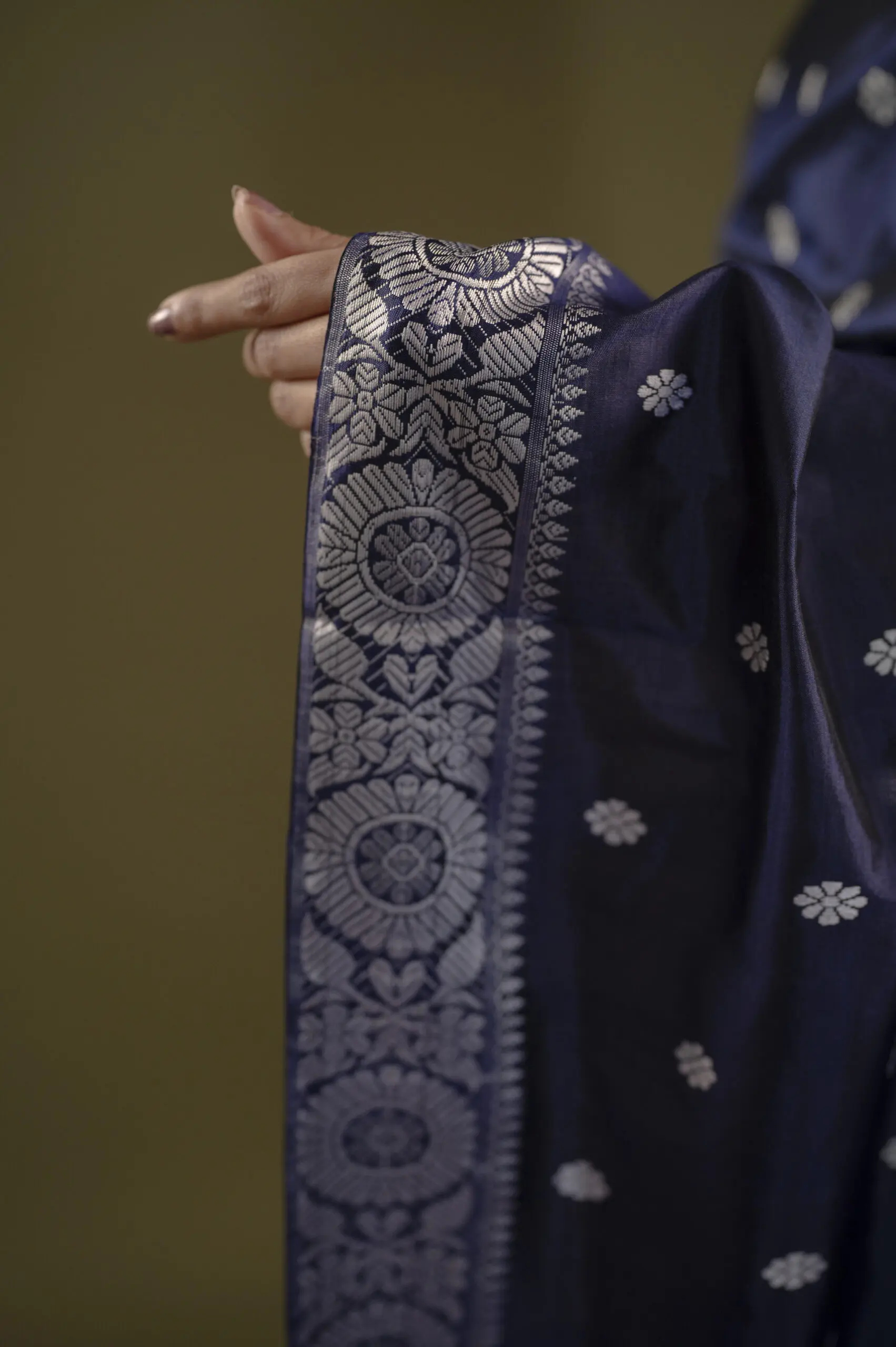 Navy Blue Assam Silk Saree With White Motifs - Image 5