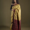 Olive Yellow Assam Silk Saree With Maroon Contrast Anchal