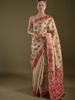 Interwoven Border Pure Muga Silk Saree With Multicoloured Motifs